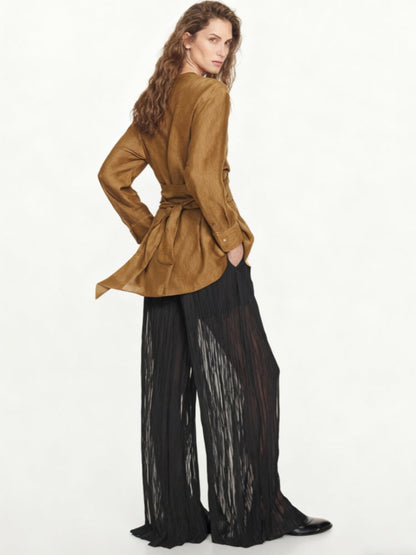 Belted V-Neck Flowing Shirt