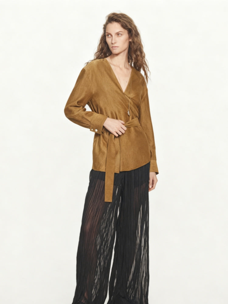 Belted V-Neck Flowing Shirt