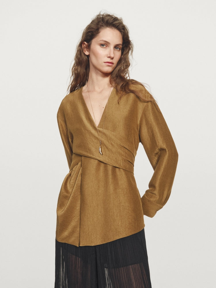 Belted V-Neck Flowing Shirt