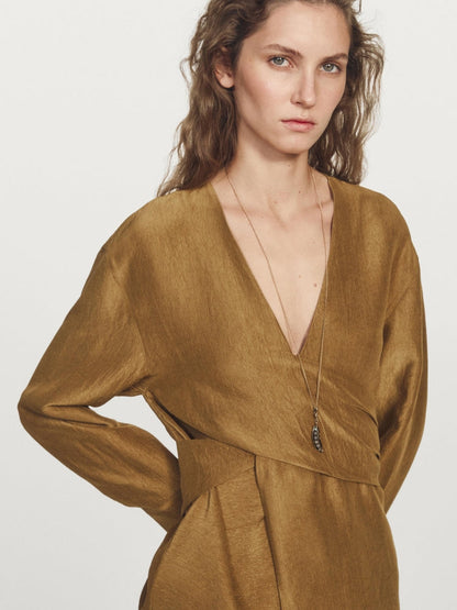 Belted V-Neck Flowing Shirt