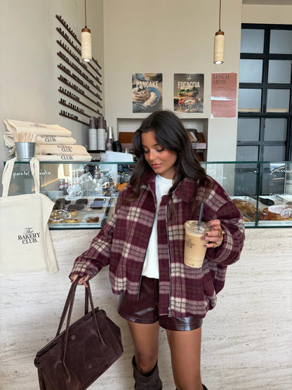 Burgundy Plaid Vintage Zip-Up Coat