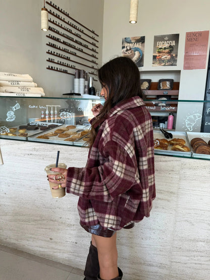Burgundy Plaid Vintage Zip-Up Coat