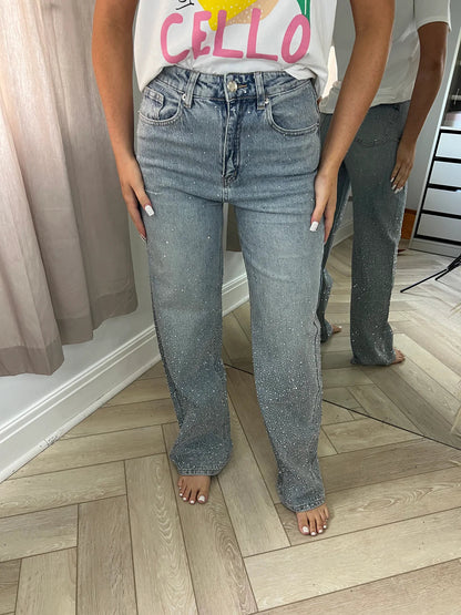 Vintage Washed Gradient Rhinestone Wide-Leg Jeans