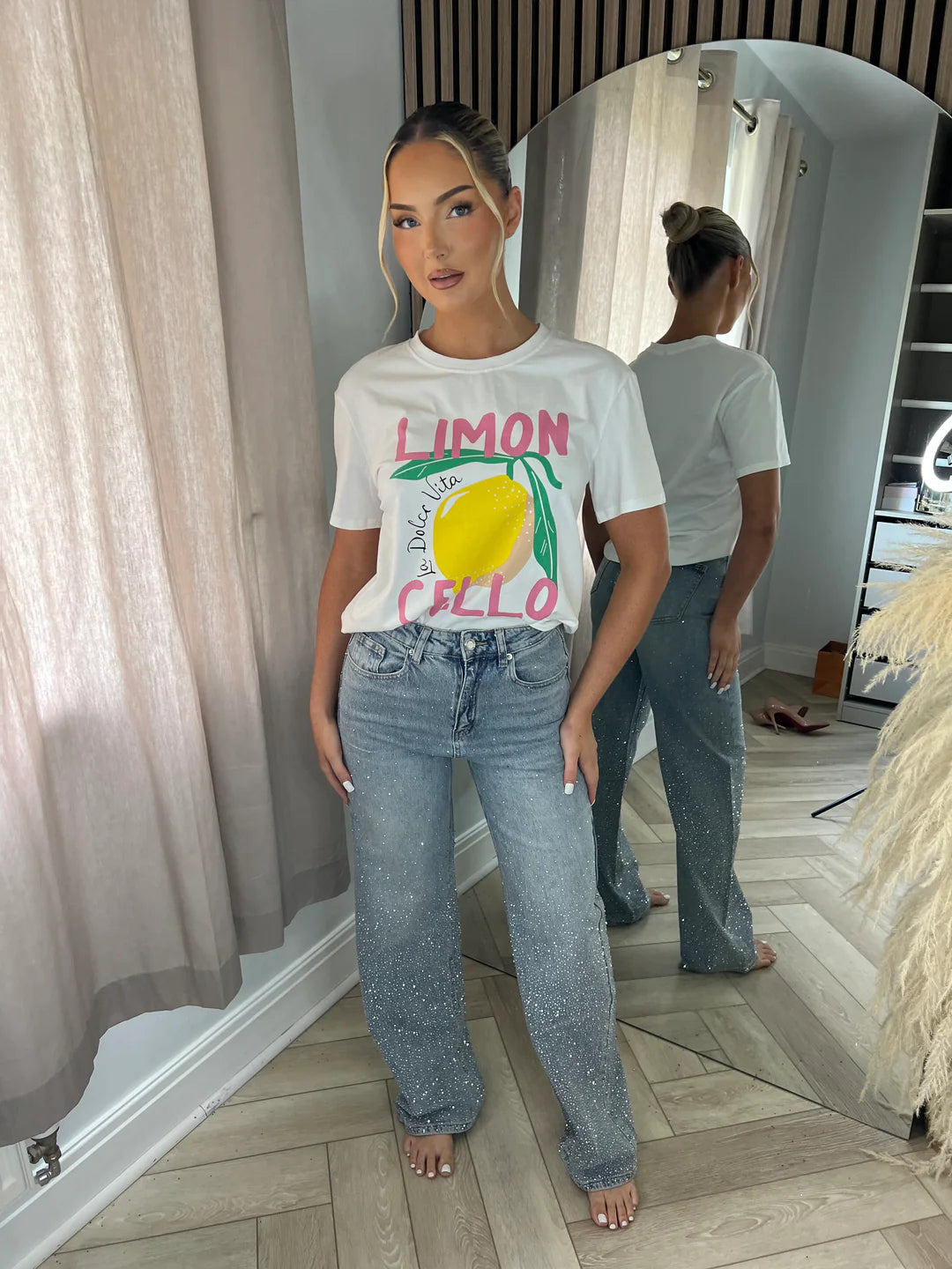 Vintage Washed Gradient Rhinestone Wide-Leg Jeans