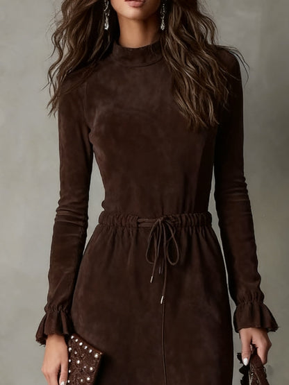 Elegant Dark Brown Suede Drawstring Irregular Midi Dress