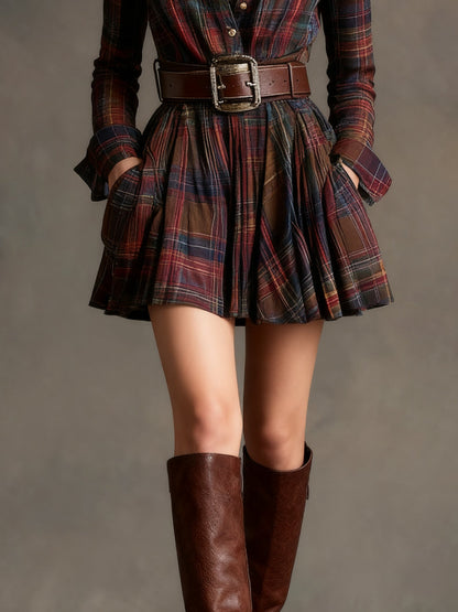 Vintage Lapel Red and Brown Plaid Mini Dress（Includes belt）