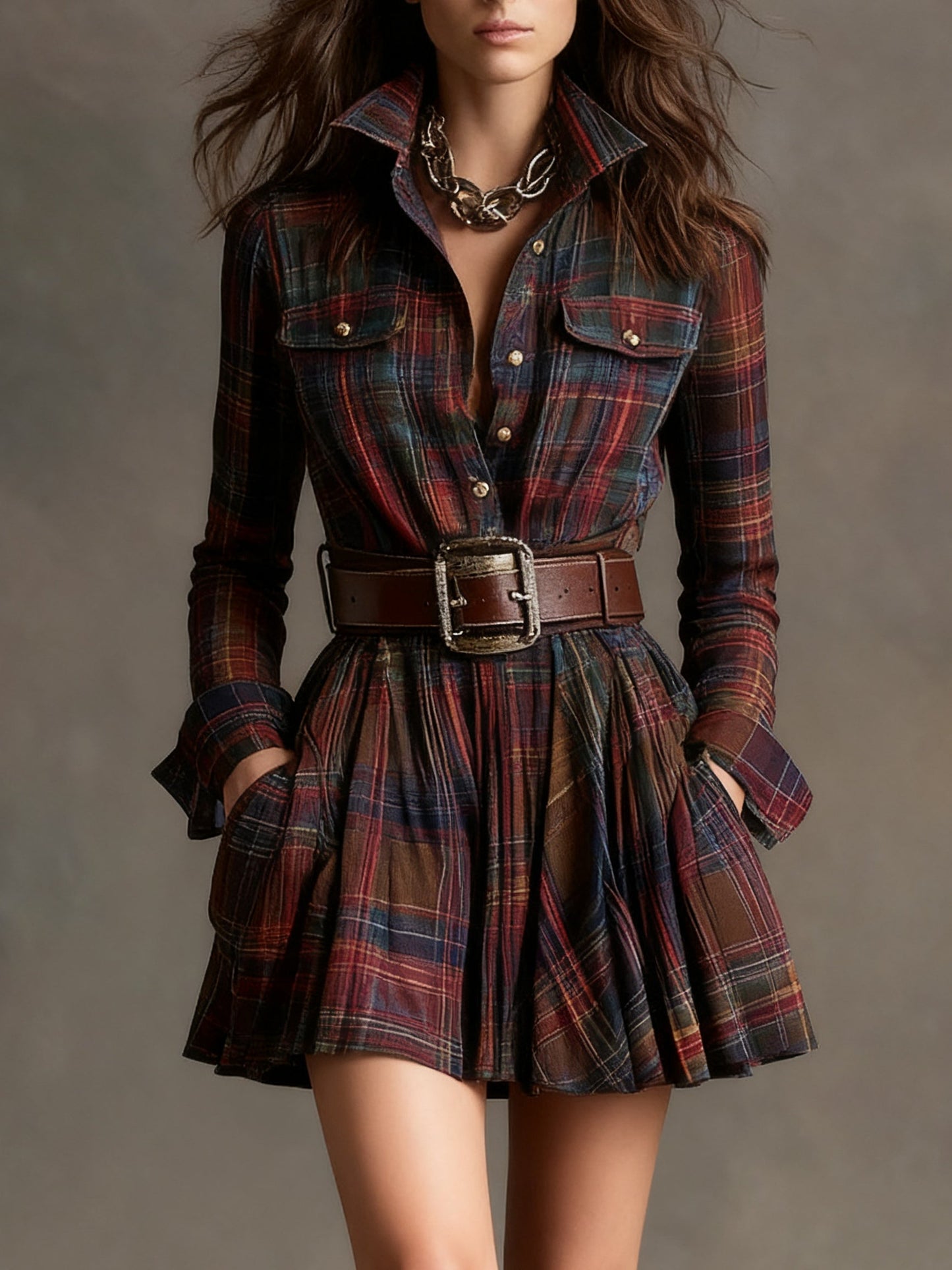 Vintage Lapel Red and Brown Plaid Mini Dress（Includes belt）