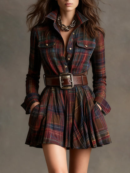 Vintage Lapel Red and Brown Plaid Mini Dress（Includes belt）