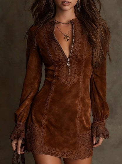 Vintage Blue Suede Lace Trim Mini Dress